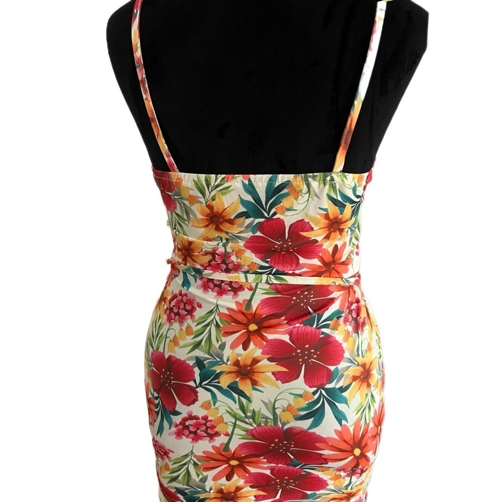 Multicolor Tropical Floral Tie Waist Ruffled Sleeveless Bodycon Mini Dress NWOT - Picture 6 of 7